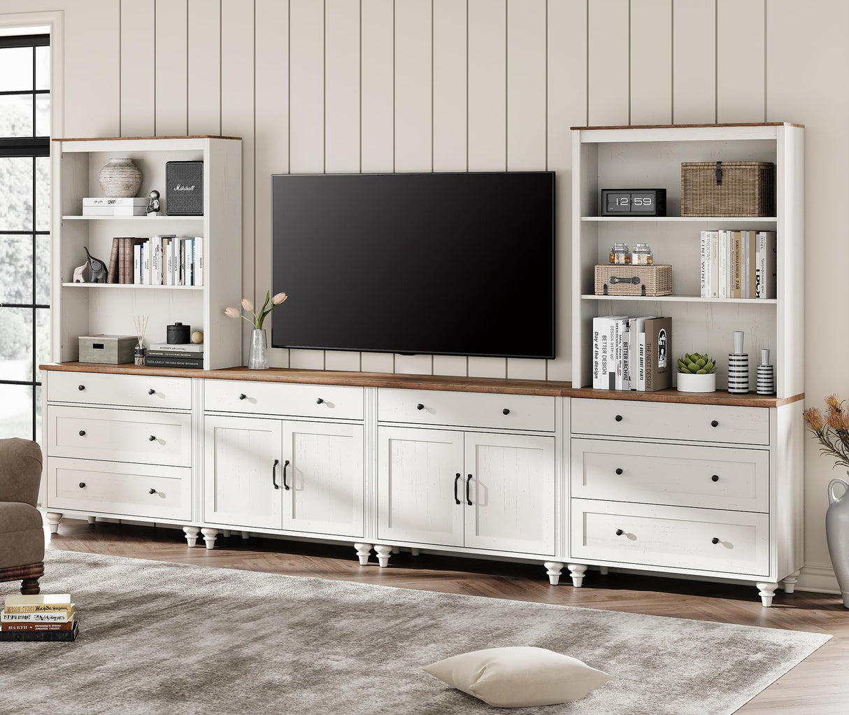 Entertainment Center with Bookshelves for TVs up to 75", Farmhouse Wall