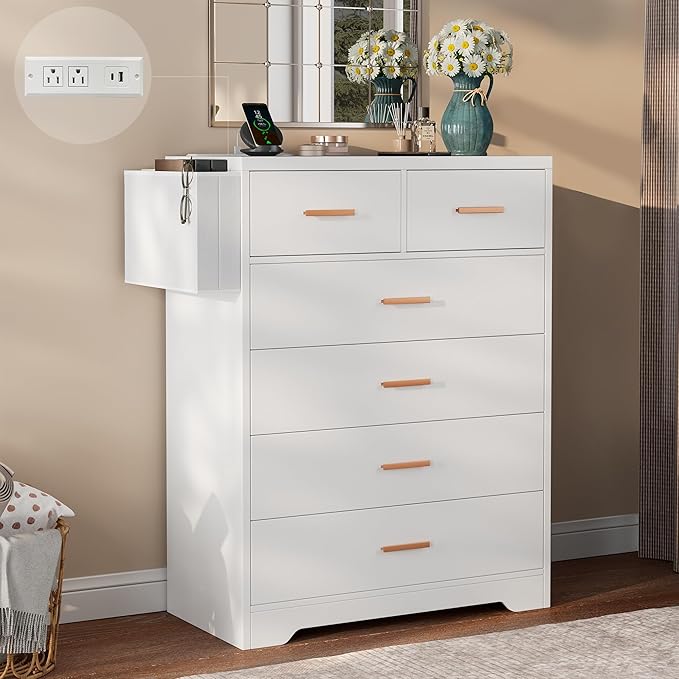 6 Drawer Dresser for Bedroom with Charging Station, Modern Chest of Drawers for Closet,