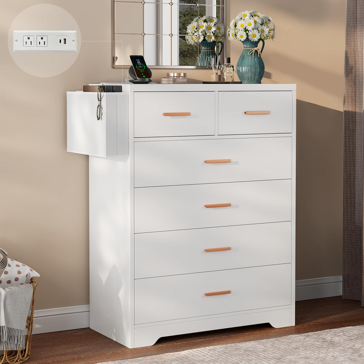 6 Drawer Dresser for Bedroom with Charging Station, Modern Chest of Drawers for Closet,