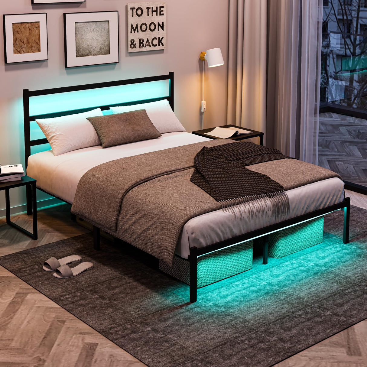 Full Size Bed Frame, with LED Light and Charging Station