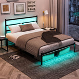 Full Size Bed Frame, with LED Light and Charging Station