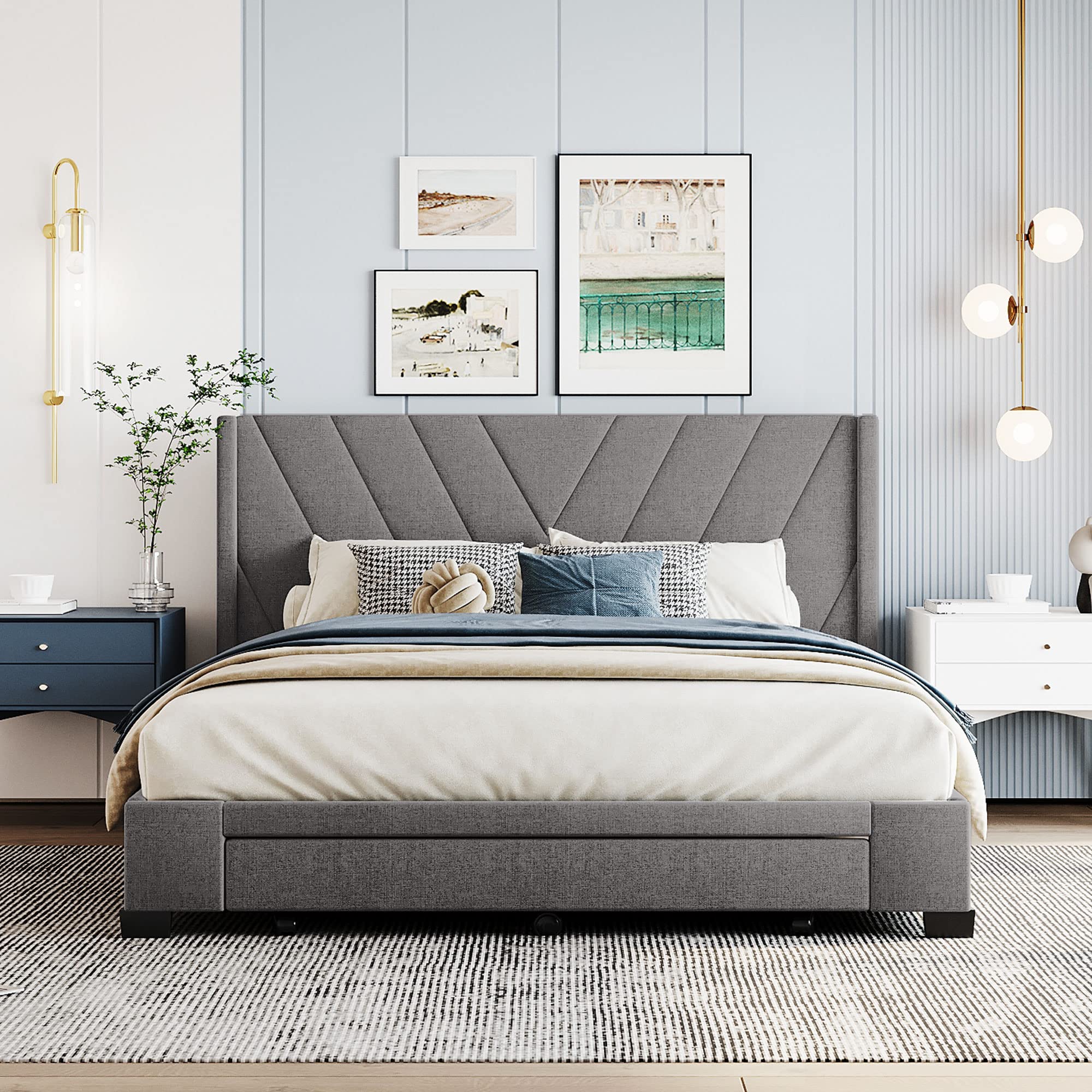 ,Linen Upholstered Platform Bedframe with 3 Drawers & Wing Shaped Headboard,Queen