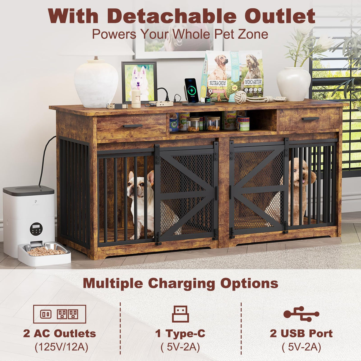 63" Double Dog Crate Furniture with Sliding Door & Charging Station