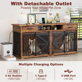 63" Double Dog Crate Furniture with Sliding Door & Charging Station