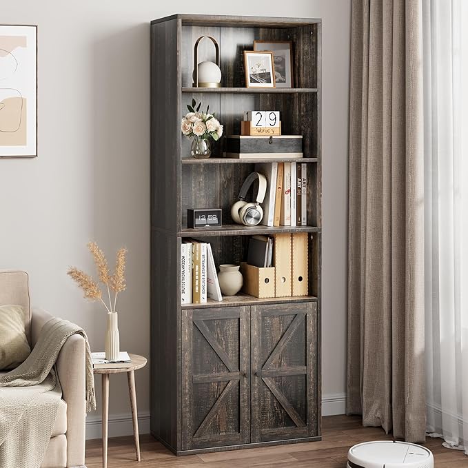 Bookcase with Doors Industrial Bookshelf 11.8in Depth Display Storage Shelves 71.4in
