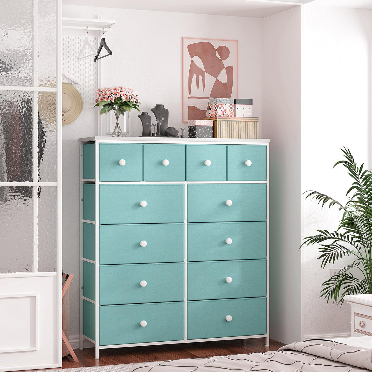 Dresser, Dresser for Bedroom with 12 Drawers, Tall Dresser with Wooden Top and Metal Frame, Fabric Bedroom Dressers & Chests of Drawers Clearance, 40.6" W x 11.8" D x 43.7" H, Aqua