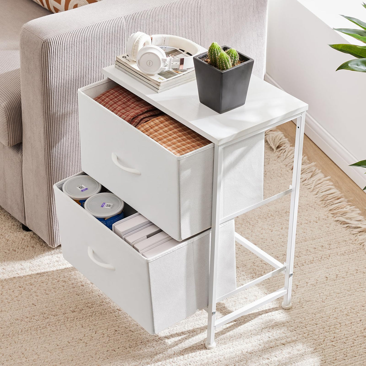 with 2 Drawers, Bedside Table Small Dresser with Removable Fabric Bins