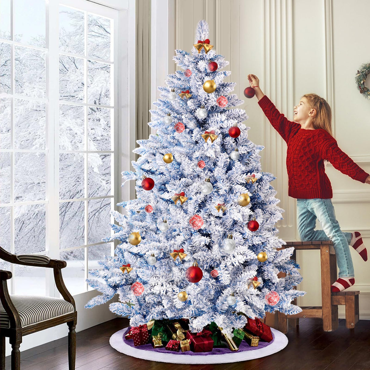 6 FT Snow Flocked Artificial Christmas Tree, Full Xmas Tree with 1000 Automatically