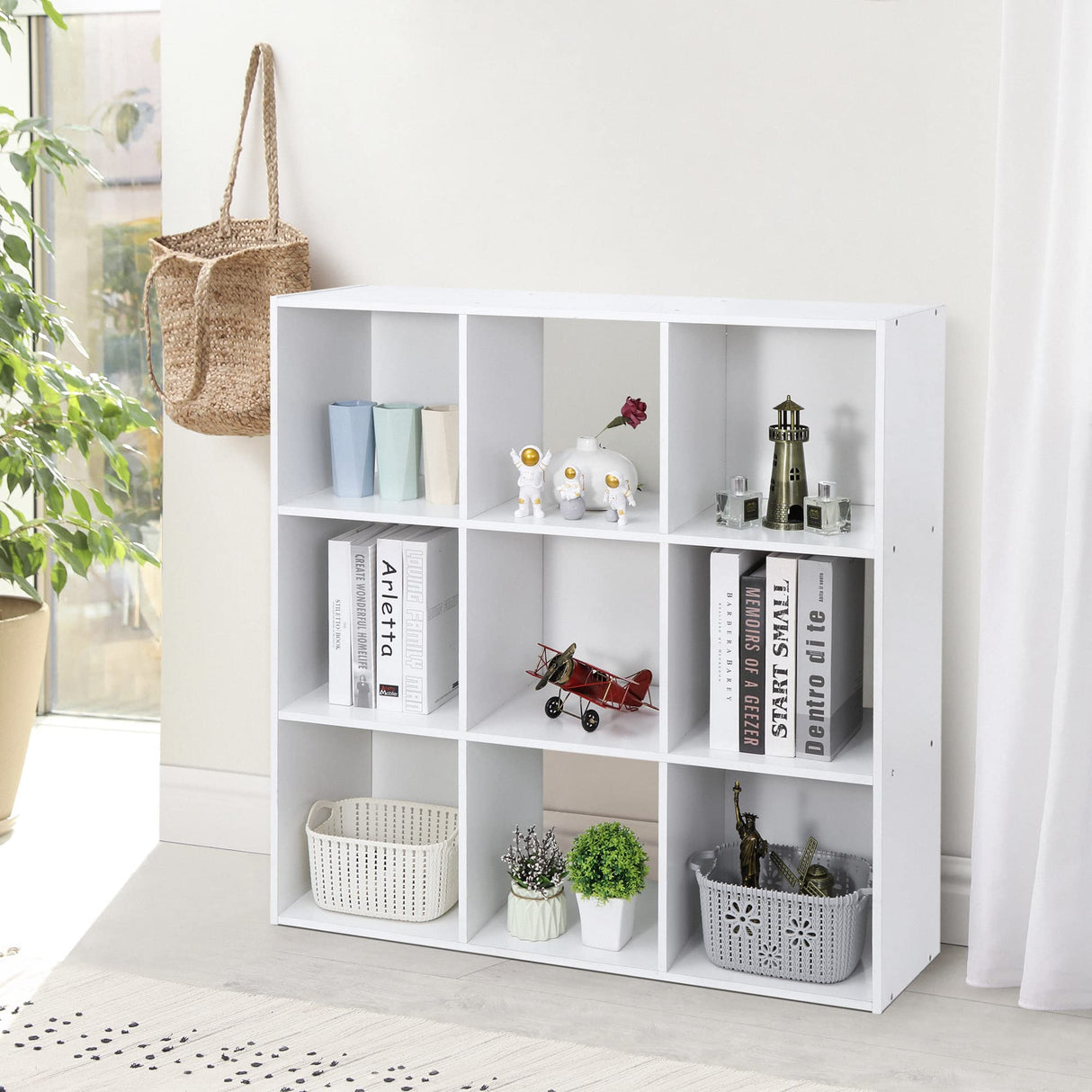 9 Cube Storage Organizer Wooden Display Shelf W/ 5 Removable Back Panels, Customizable Bookcase Bookshelf for Home, Office, Bedroom and Living Room (White)