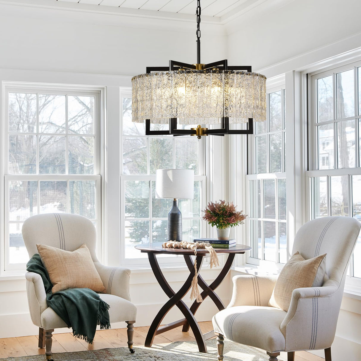 Crystal Drum Chandelier 6 Lights 23.6 inch, Modern Farmhouse Black Lighting Fixture