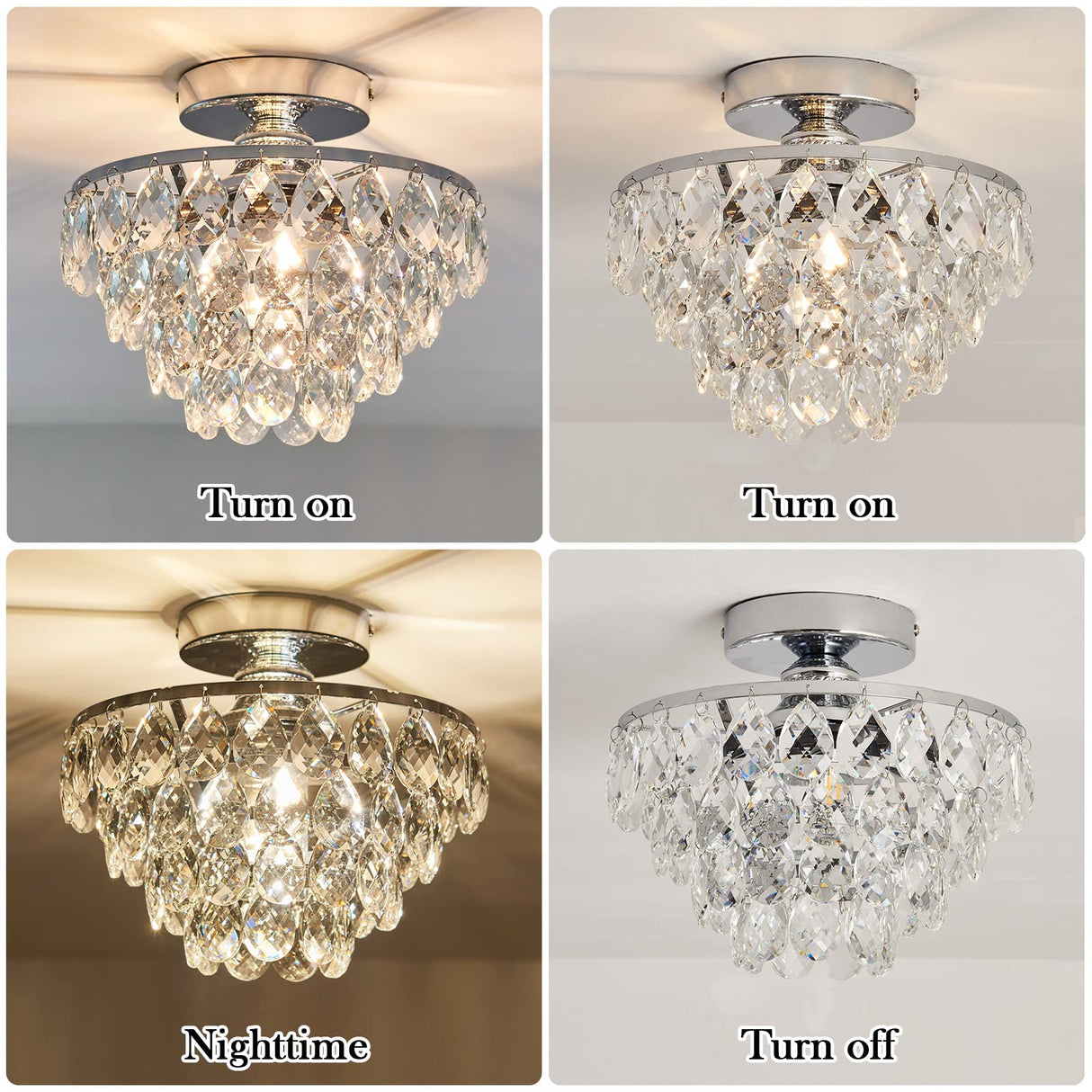 Modern E26 Small Crystal Chandelier Semi Flush Mount Ceiling Light Fixture Silver