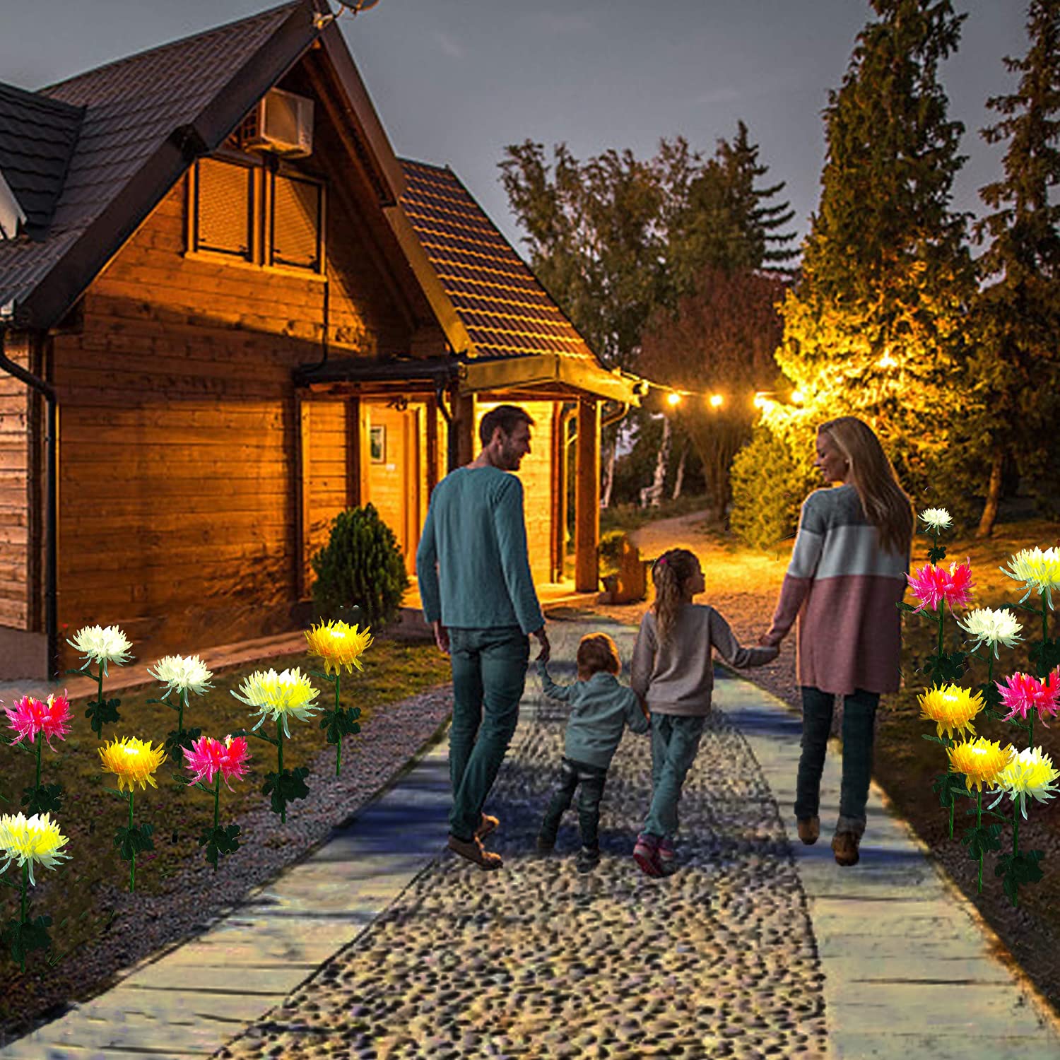 Outdoor Solar Garden Stake Lights, 3 Pack Chrysanthemum Flower