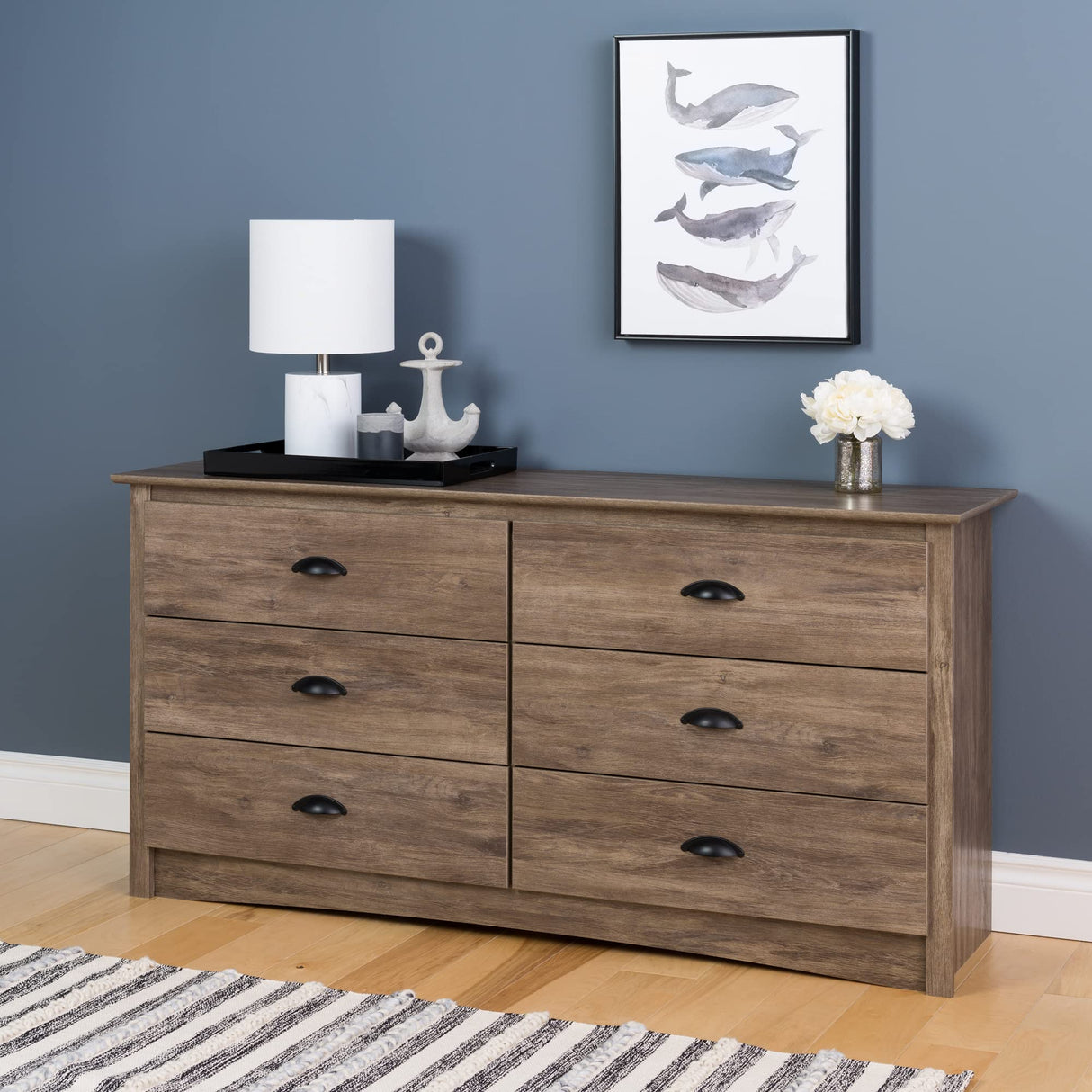 Gray Double Dresser for Bedroom 6 Drawer Wide Chest