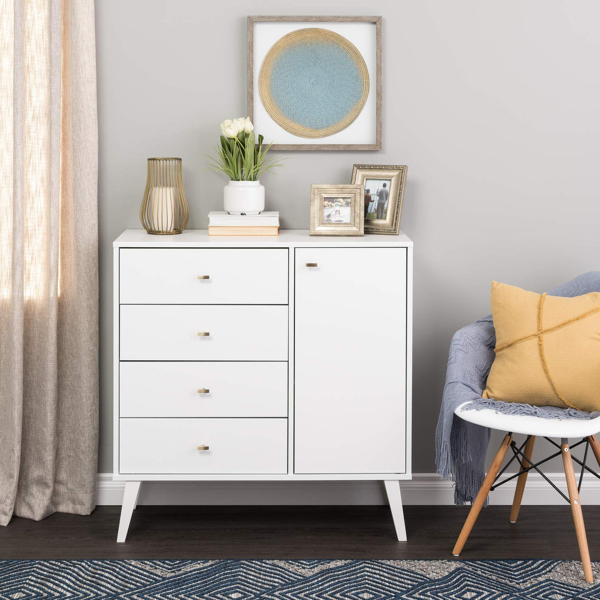 Milo Mid-Century Modern 4-drawer Chest with Door - White