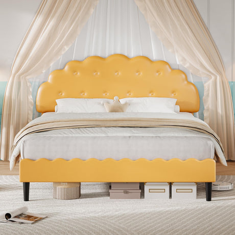 Full Size Bed Frame with Cookie Headboard, Upholstered Platform Bed with Button Tufted Headboard, Princess Bed for Kids/Girls/Teens, No Box Spring Needed, Noise Free, Easy Assembly, Yellow