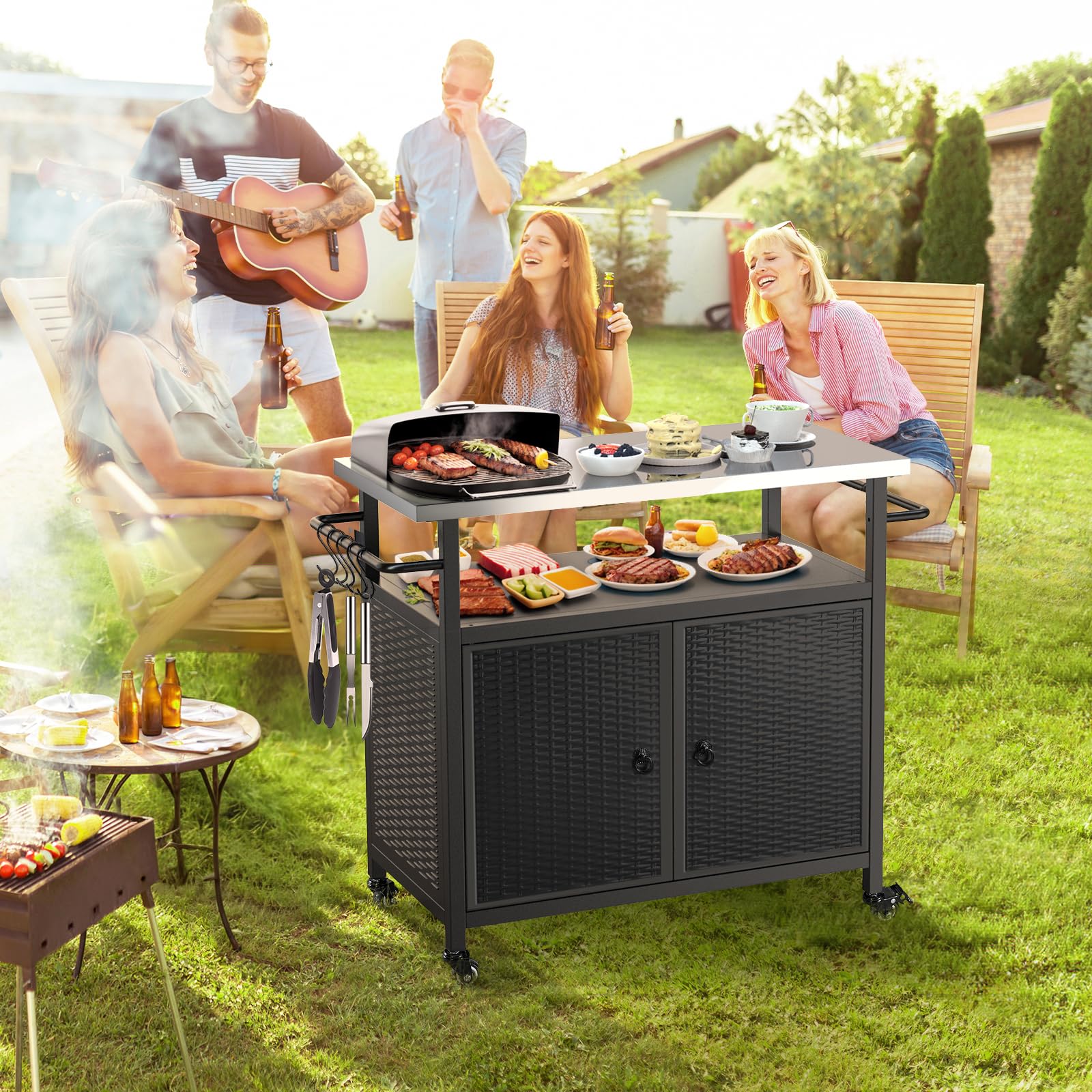 Outdoor Storage Cabinet, Patio Bar Tables with Wheels