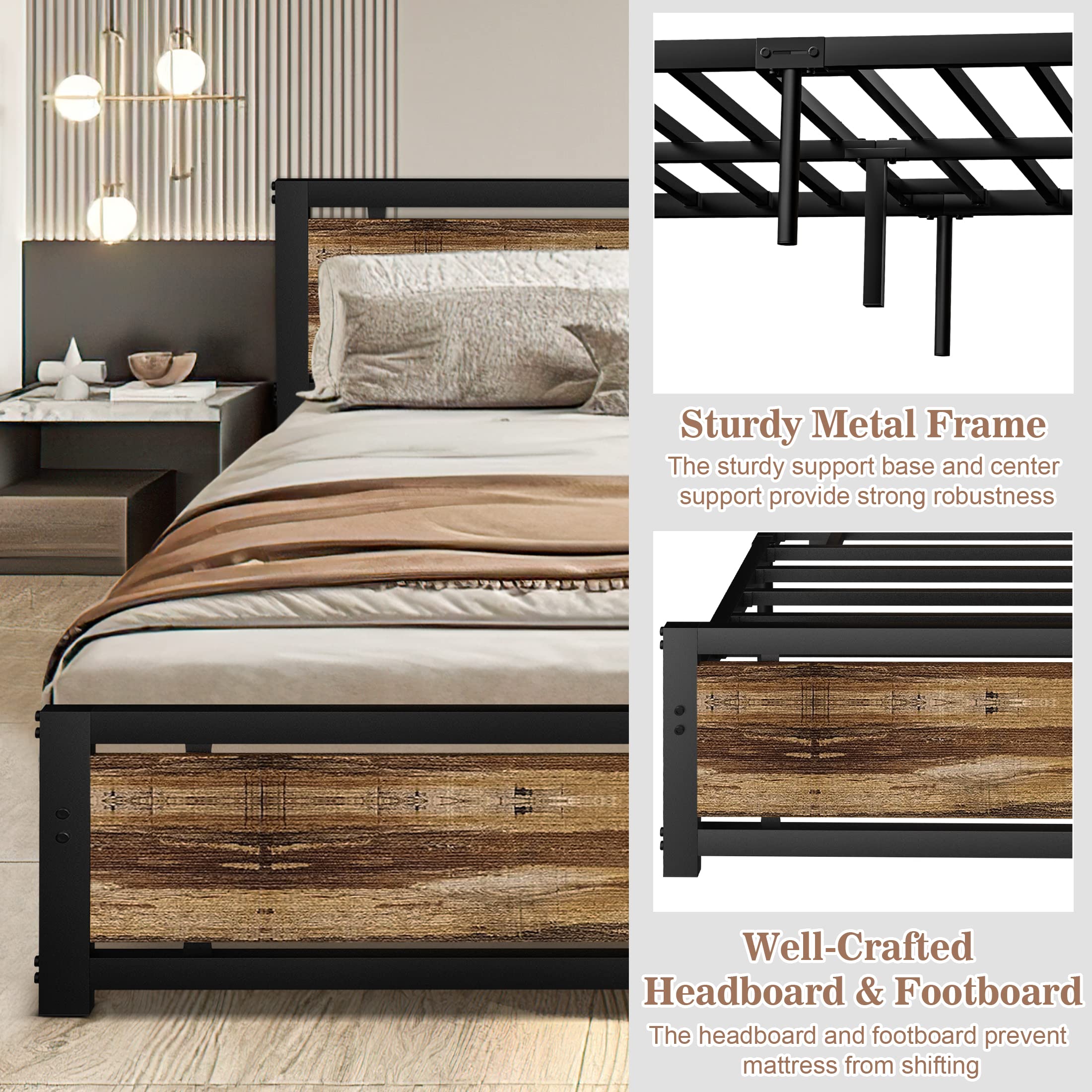 Full Bed Frame with Headboard and Footboard, Heavy Duty Metal Platform