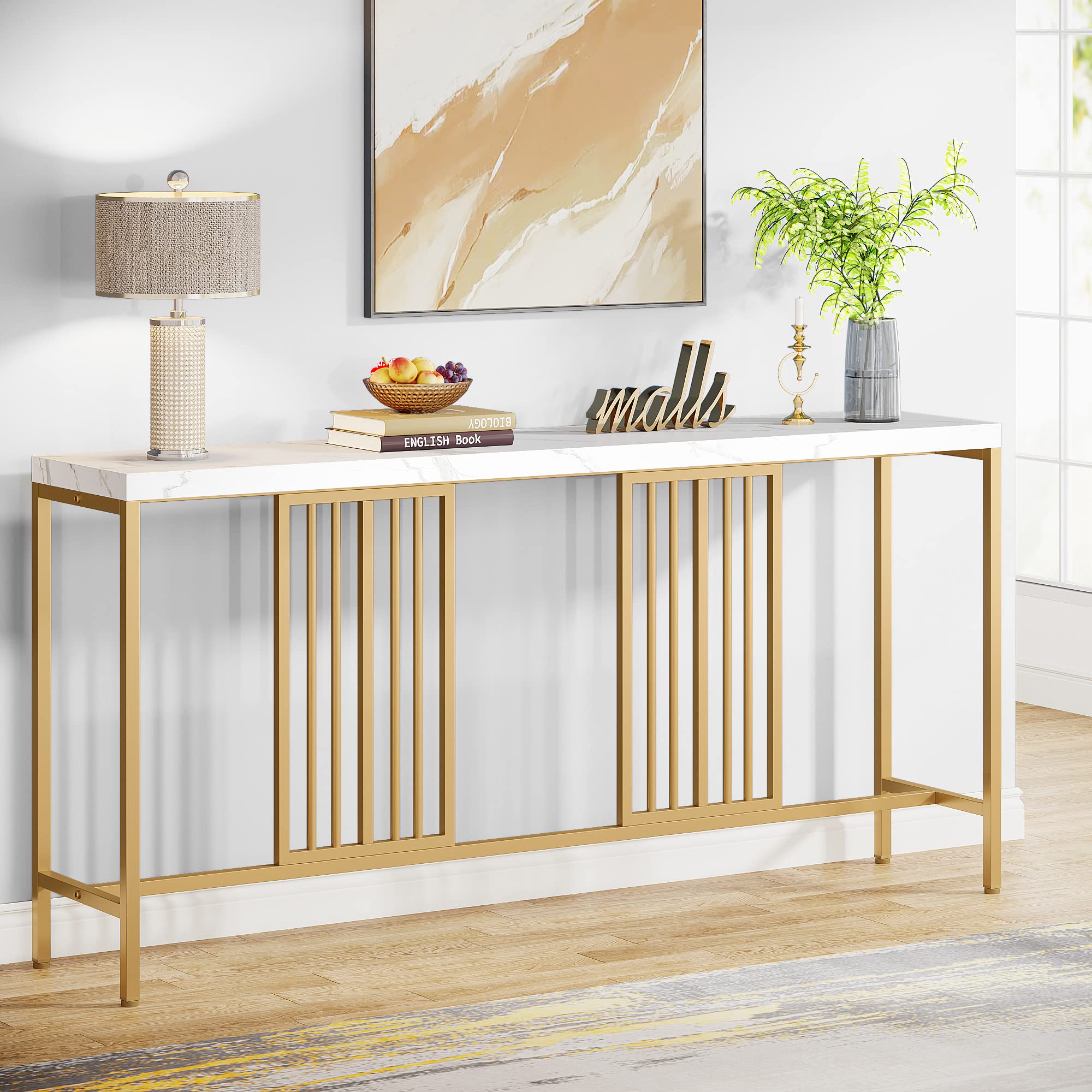 Long Sofa Console Table with a 70.9 inch Spacious Tabletop, White and Gold