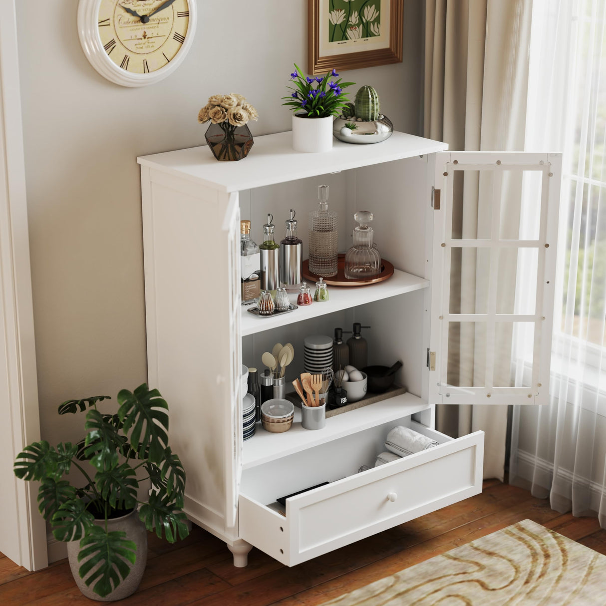 White Buffet Cabinet with Glass Doors and Drawers, Modern Wooden Buffet