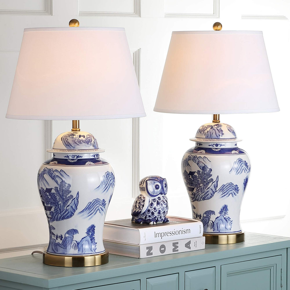 Blue & White Chinoiserie Ginger Jar Table Lamps - Set of 2