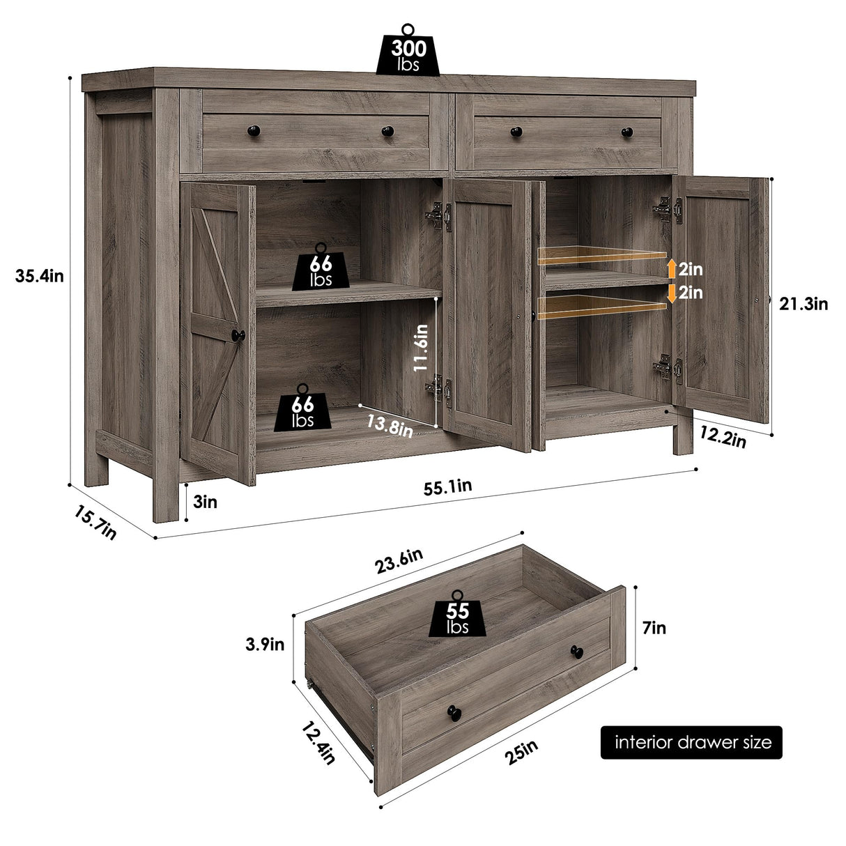 55" Buffet Sideboard Cabinet with Storage, Modern Farmhouse Coffee Bar Cabinet with Drawers and Shelves,