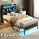 Twin Bed Frame with LED Headboard and Charging Station