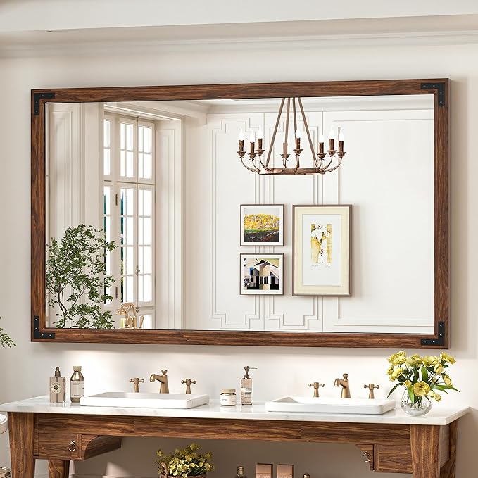 40 x 30 Inches Wood Frame Mirror for Wall, Dark Brown Walnut Wood Farmhouse Bathroom