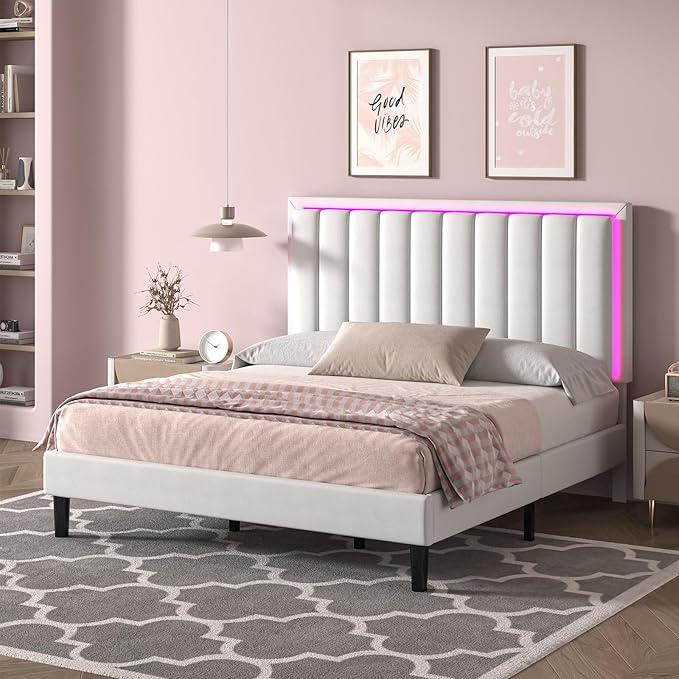 Queen Bed Frame with LED Lights, Upholstered Bed Frame Queen with Headboard