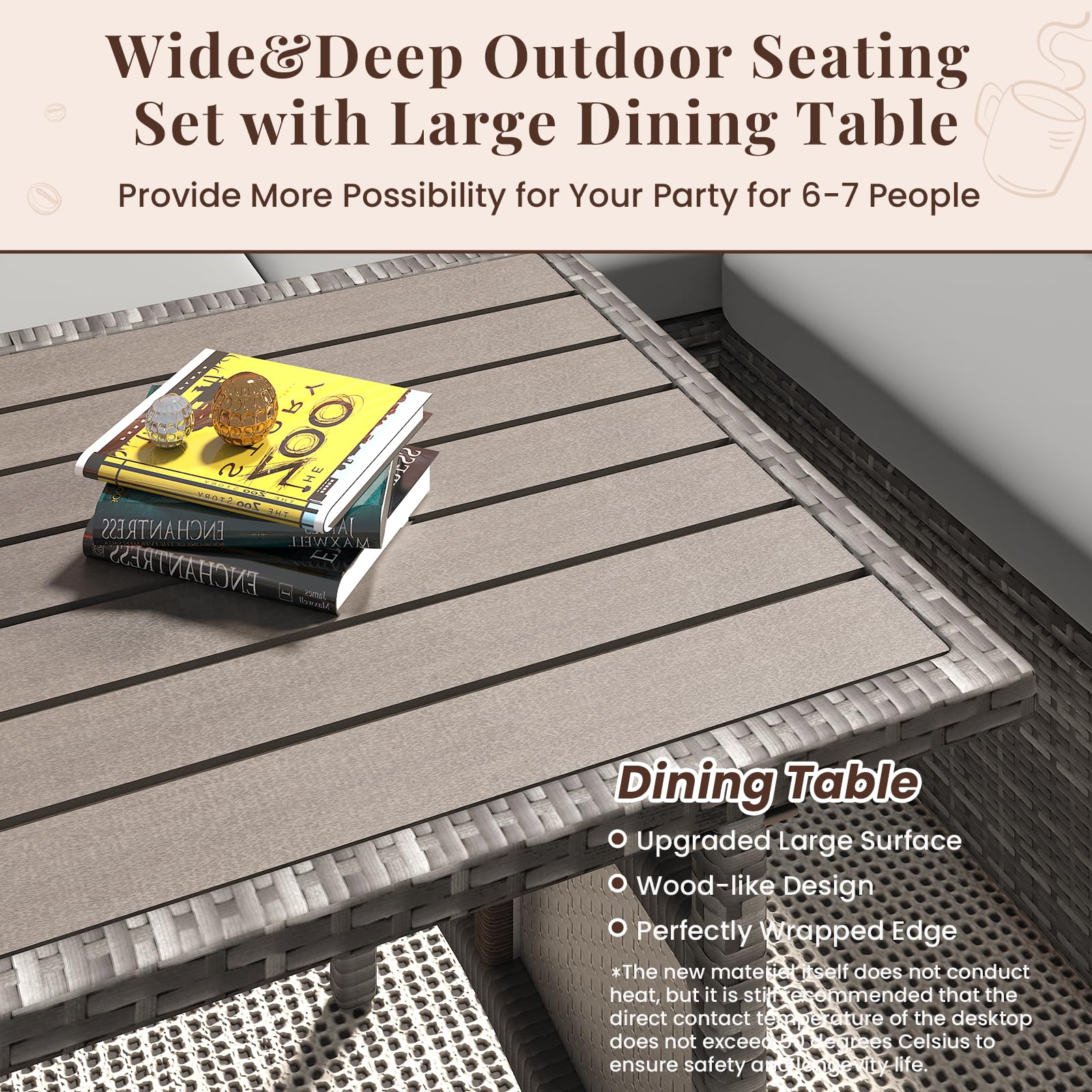 U-MAX 7 Pieces Patio Furniture Set, Outdoor Sectional Sofa Conversation Set, All Weather Wicker Rattan Dining Table & Chair with Ottoman, Grey Rattan&Grey Cushion