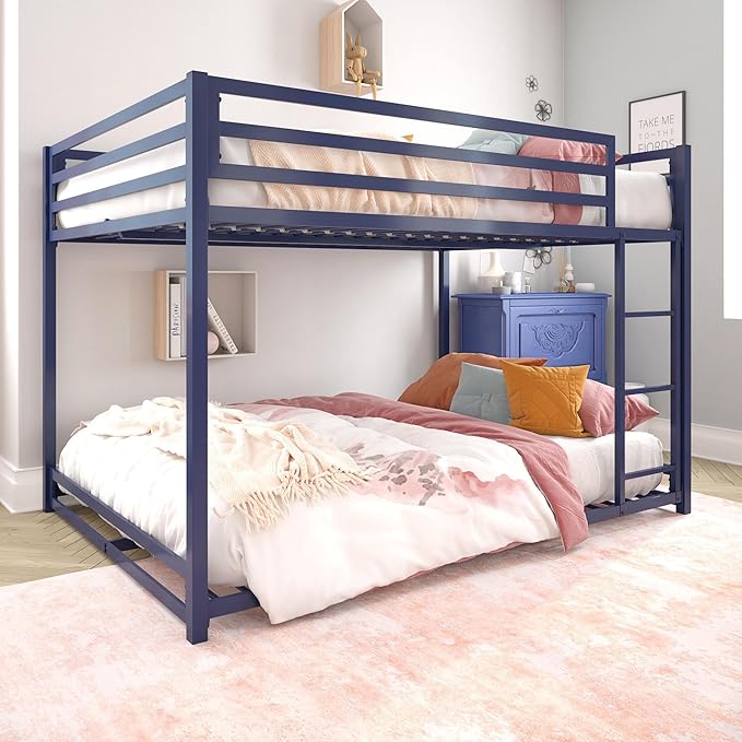 Metal Bunk Bed Frame for Kids, With Built-in Ladder, High Guardrail and Metal Slats, Floor Bed Bottom Bunk, No Boxspring Required, For Small Spaces, Full-Over-Full, Black