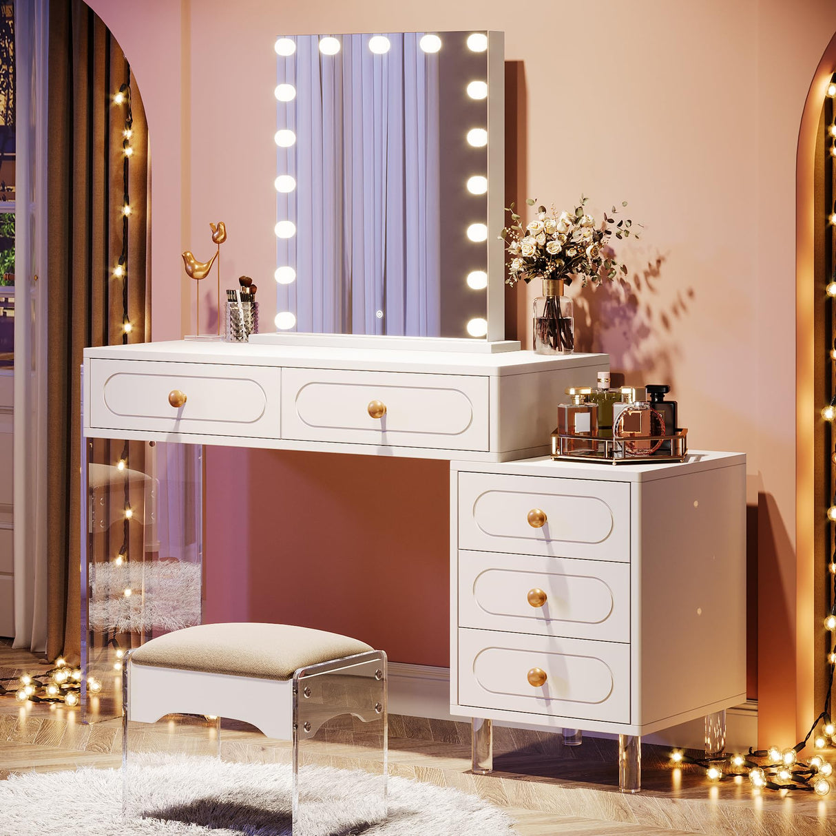 5-Drawer White Vanity Desk, Modern Extendable Makeup Desk with Acrylic Base and Legs, Small Dressing Table for Women Girls, Multifuctional Vanity Table for Bedroom