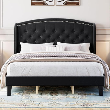 Full Size Bed Frame with Wingback Headboard, Upholstered Velvet Platform Bed