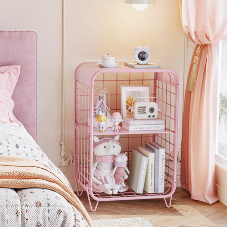 Table,Cute Pink Nightstand,3 Tier End Table with Storage,Vintage Bedside Table,Girls