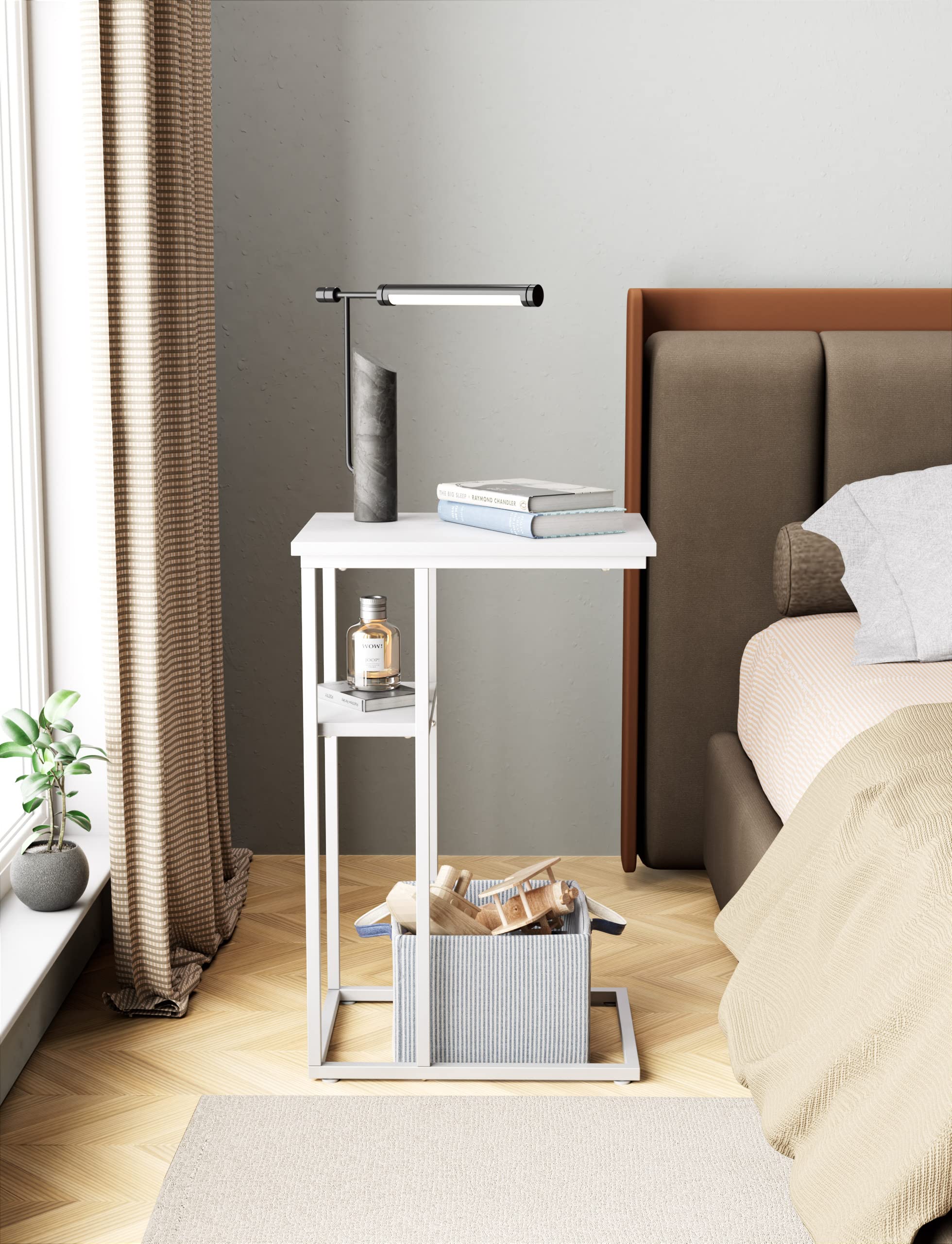 C Shaped End Table, Side Table with Metal Frame, TV Tray Table for Couch