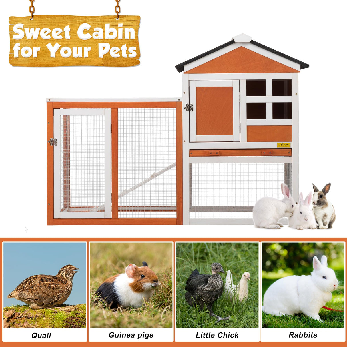 Wooden Rabbit Hutch Outdoor Indoor, 2-Floor Large Bunny Cage