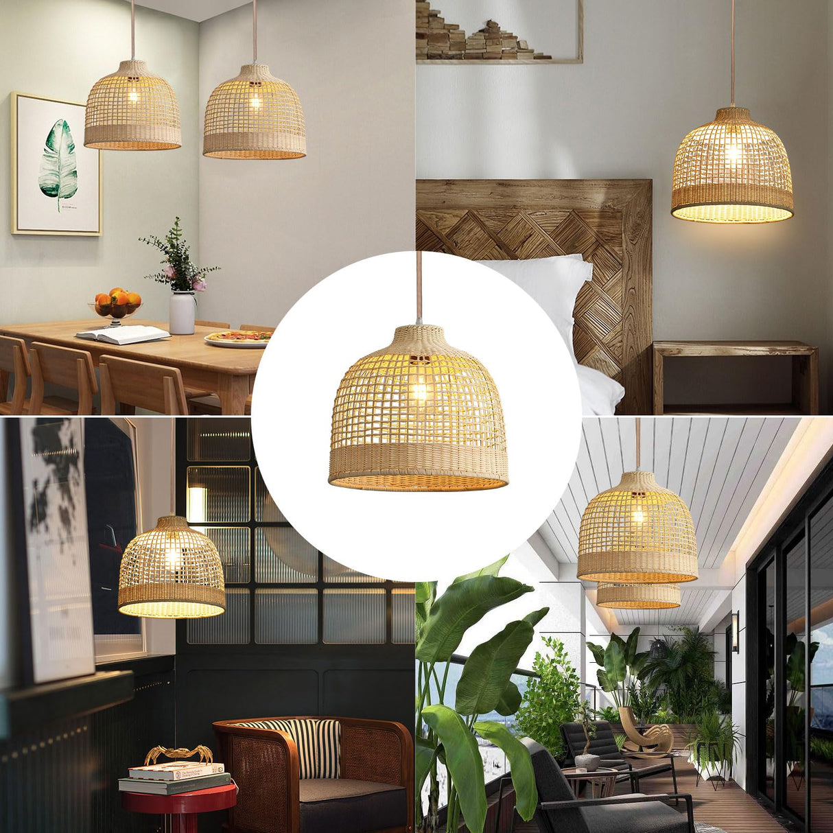 Rattan Pendant Lights, Hand-Woven Wicker Light Fixture for Kitchen Island,