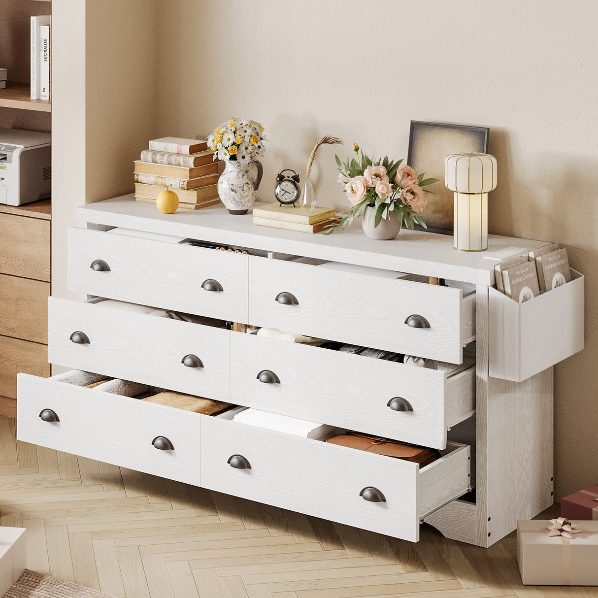 Dresser for Bedroom 6 Drawer with Charging Station, TV Stand Storage Chest