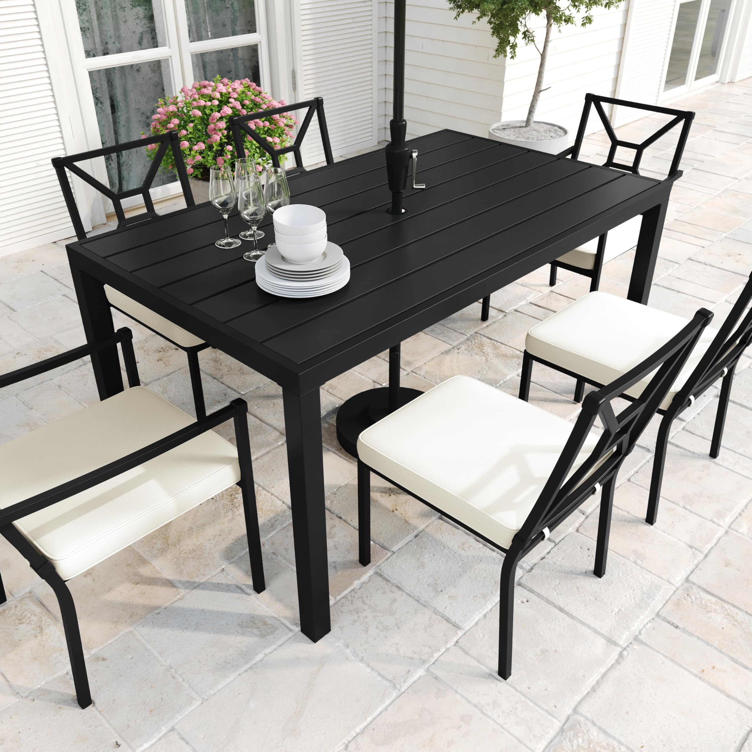 Lily Pond 60" All-Weather Patio Table with Slatted Tabletop, Umbrella Hole