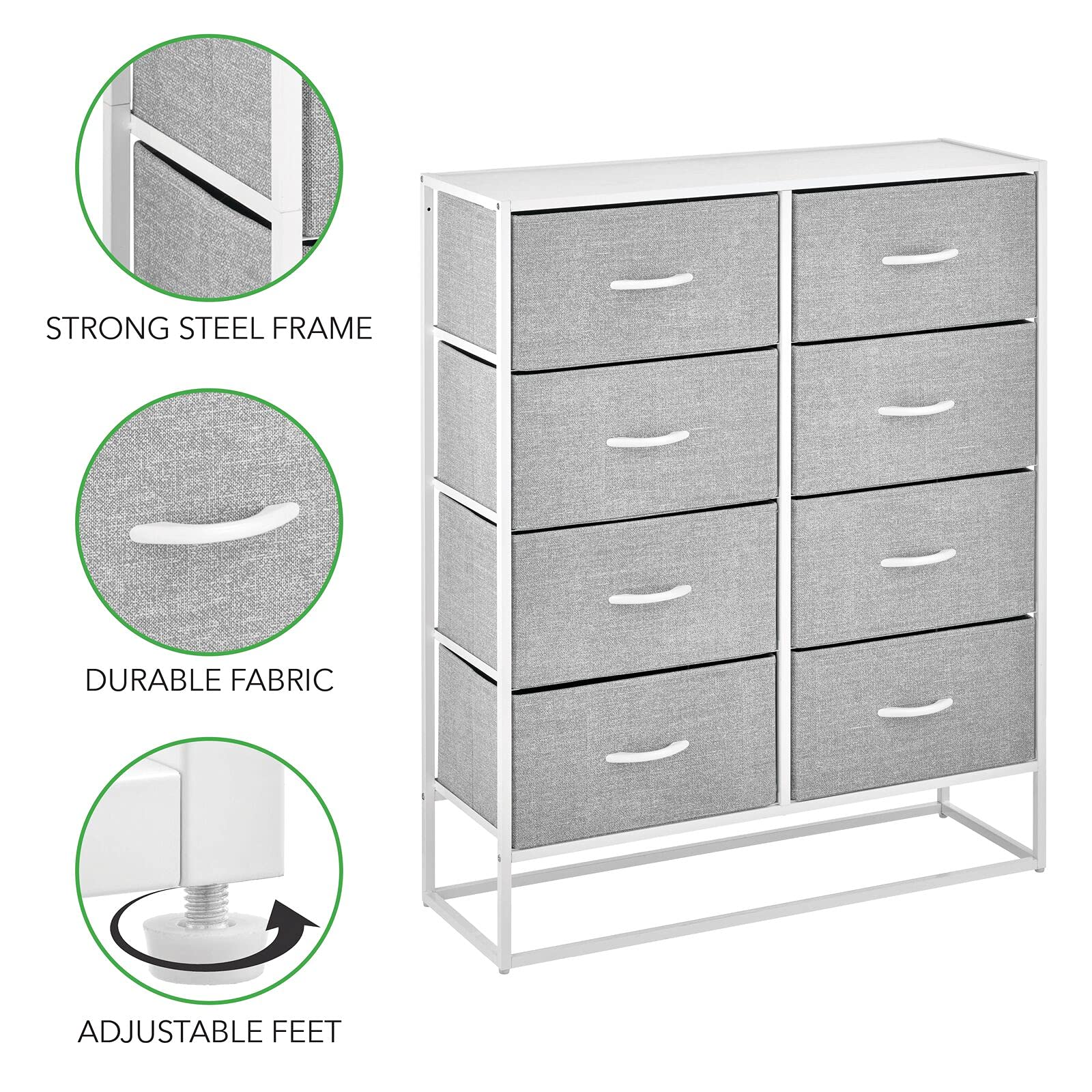 Wide Modern 8-Drawer Dresser Storage Unit, Sturdy Steel Frame, Wood Top,