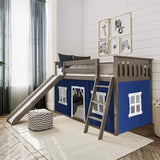 Low Bunk Bed, Twin-Over-Twin Bed Frame For Kids With Curtains For Bottom