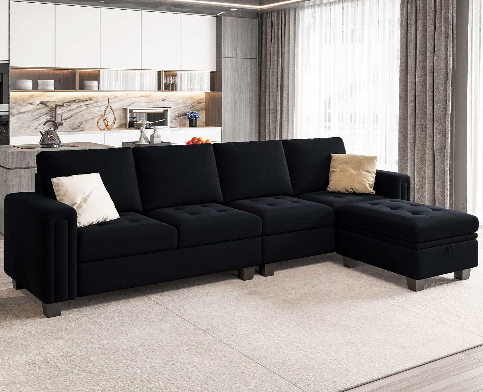 Velvet Reversible Sectional Sofa with Chaise Convertible L Shaped 4-seat Sectional