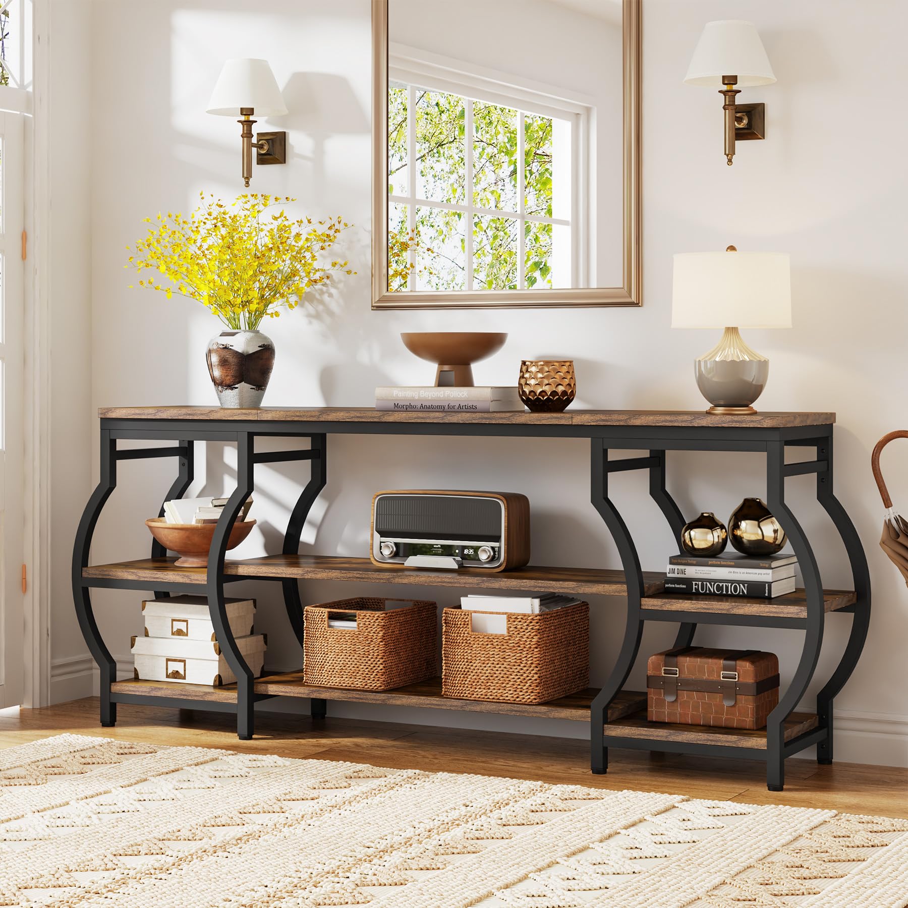 63” Long Console Table, 3 Tier Entryway Table with Storage Shelves, Industrial Sofa Table