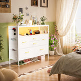 White Dresser for Bedroom Dresser, TV Stand with 6 Drawers, Bedroom Dresser with Power Outlets and LED Light, Fabric Dressers & Chests of Drawers with Shelves, Side Pockets & Hooks for 45" TV