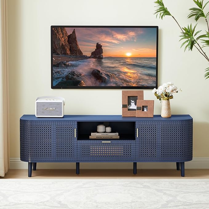 TV Stand for TVs Up to 70 Inch, Accent Iron Rattan Storage Cabinet Television