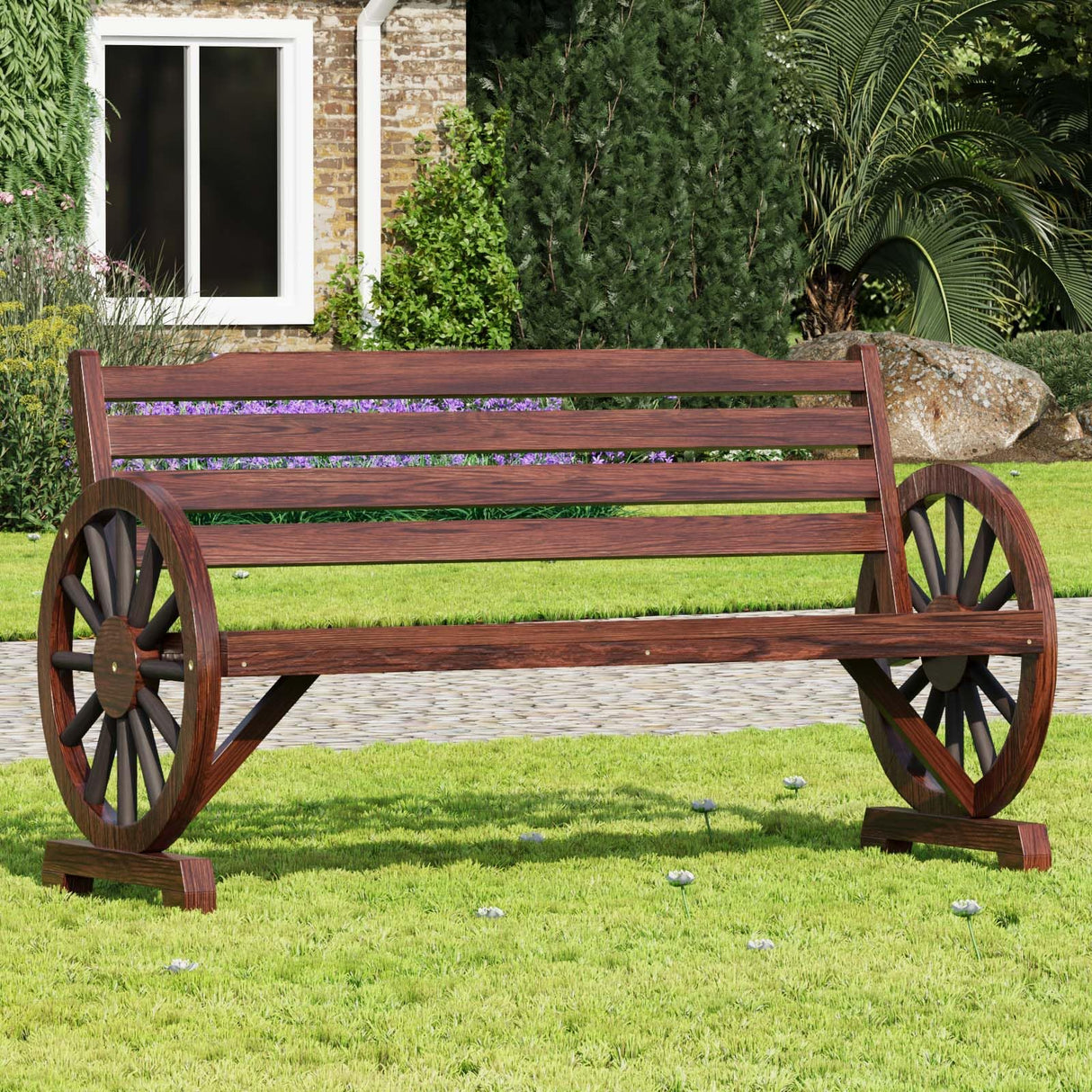 Outdoor Bench, 55 Inch Patio Bench, Rustic Wooden Wheel Bench, Wagon Slatted Seat