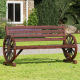 Outdoor Bench, 55 Inch Patio Bench, Rustic Wooden Wheel Bench, Wagon Slatted Seat