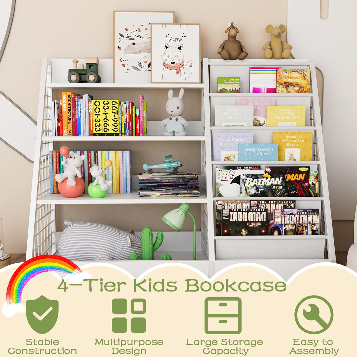 4-Tier Kids Wooden Bookshelf | Sling Bookcase & Toy Organizer