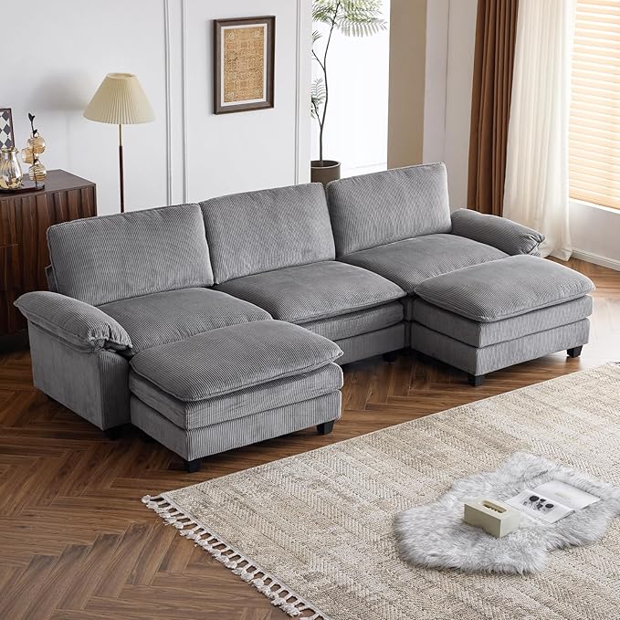 Sectional Sofa Modular Deep Seat Sofa Couch with Ottoman, Corduroy Sofa Sleeper Comfy Upholstered Furniture for Living Room, Apartment, Studio, Office, (3-Seat & 2-Ottoman, Gray)