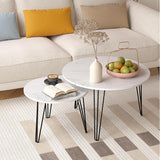 Round Nesting Coffee Table Set of 2, 27.6 inch White Marble Pattern Wooden Table Top