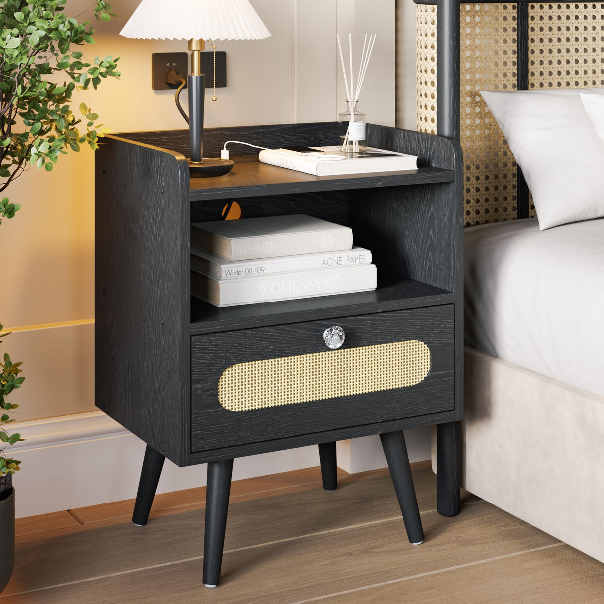 Diamond Décor Nightstands Set of 2 with Charging Station, Rattan Bedside